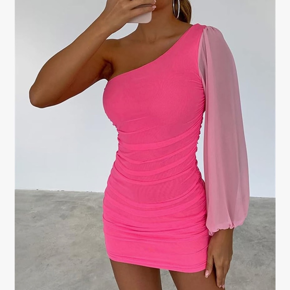 Pink One-Shoulder Ruched Dress - Picture 4 of 5
